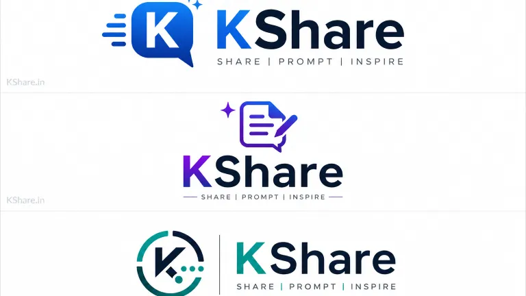 AI logo design for KShare brand featuring three modern logo variations with minimalist, tech, and gradient styles, including chat bubble, document icon, and abstract symbol representing AI prompts and branding