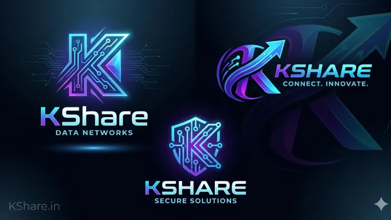 Futuristic KShare tech logo design with neon blue and purple gradients, featuring an abstract circuit board K-symbol and sleek digital typography for a modern technology brand.