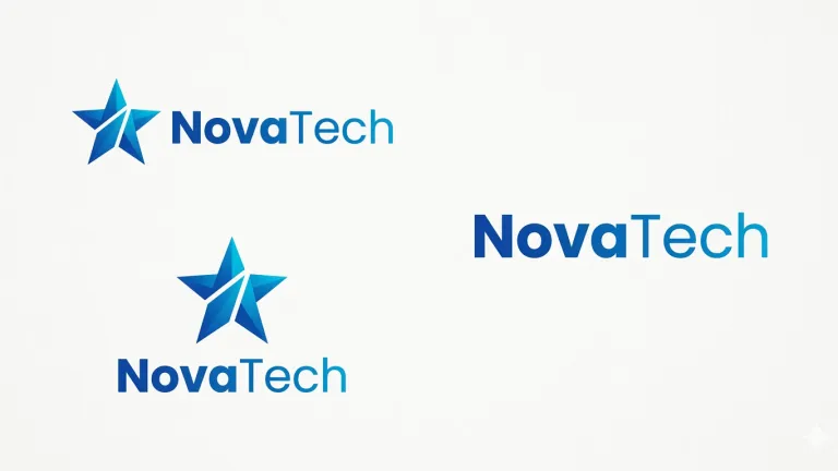 NovaTech modern minimalist logo featuring a geometric rising star icon in blue gradient with clean sans-serif typography, showcasing horizontal, stacked, and wordmark variations.