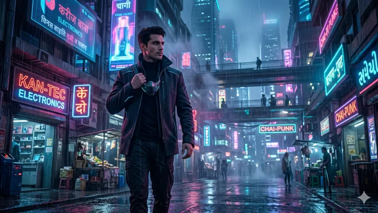 cinematic AI image of man walking in cyberpunk city with neon lights and dramatic lighting