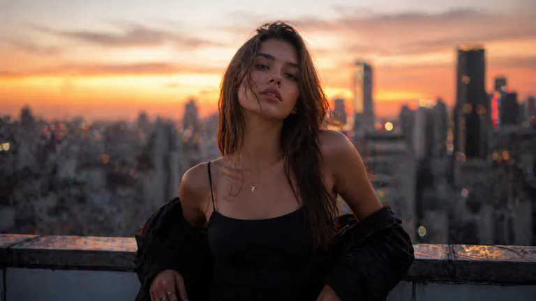 instagram viral AI photo of stylish girl rooftop sunset aesthetic cinematic lighting