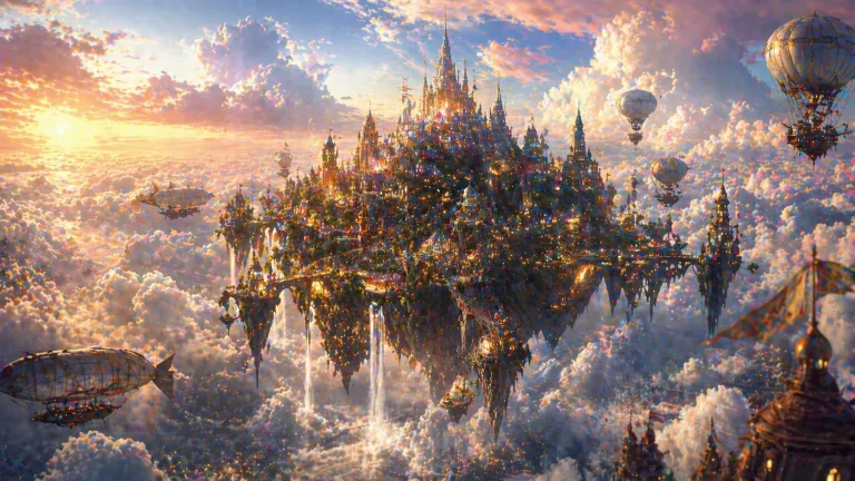creative AI image of floating city in sky with fantasy lighting and surreal design