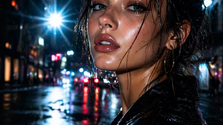 Flash effect prompt cinematic portrait of a young woman with direct camera flash, night street lighting, wet reflections, ultra realistic AI image