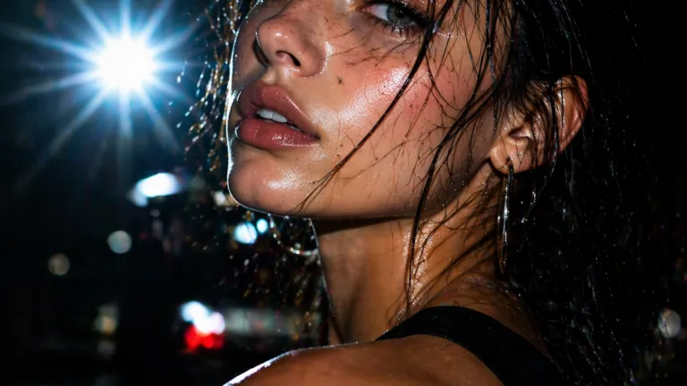 Flash effect prompt ultra realistic portrait with direct camera flash, glossy skin, sharp shadows and cinematic lighting at night