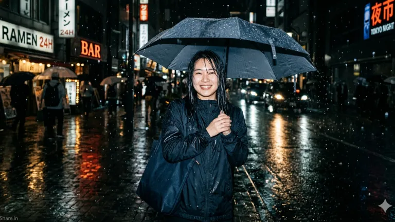 Cinematic rainy night scene generated with a flash light prompt, featuring hyper-realistic frozen raindrops, glowing neon reflections, and a woman under an umbrella.