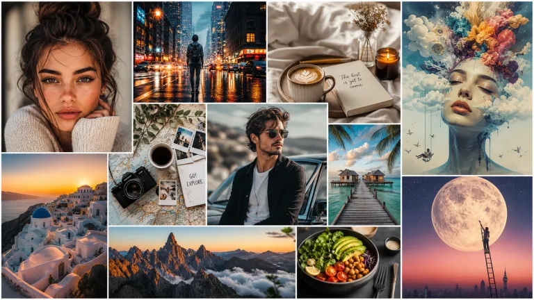 instagram viral ai prompts examples showing realistic portrait, cinematic city scene, aesthetic lifestyle and creative AI generated images in high quality