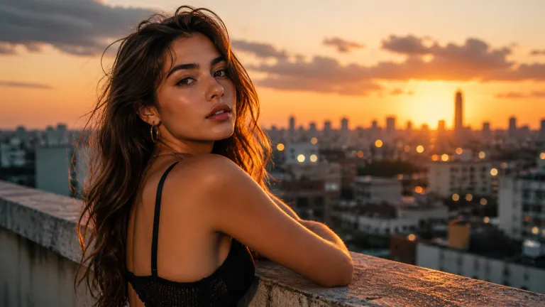 Stylish girl posing on a rooftop at sunset with cinematic lighting, soft shadows, and ultra realistic skin texture, Instagram influencer style portrait in 8K resolution