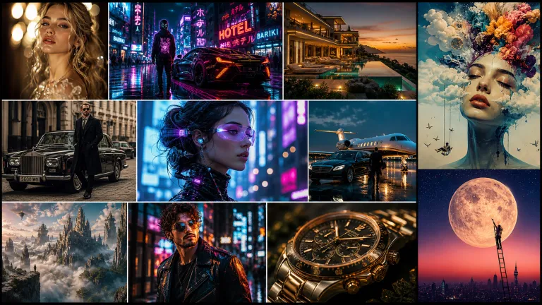 best instagram viral ai prompts showcase featuring fashion portraits, cyberpunk scenes, luxury lifestyle and surreal AI generated visuals in high resolution