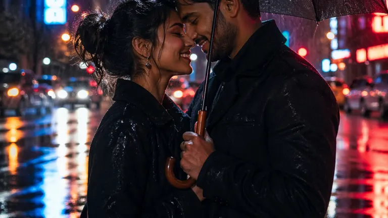 Romantic rainy night couple scene with umbrella, cinematic lighting and reflections &ndash; perfect prompt for couple photo