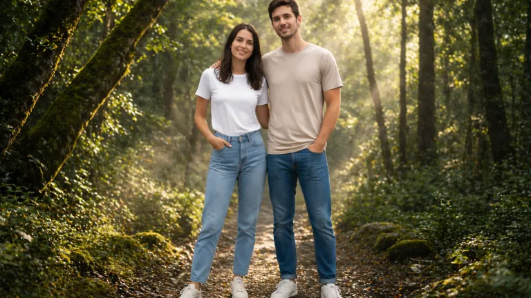 Romantic forest couple portrait with sunlight rays and dreamy atmosphere &ndash; perfect prompt for couple photo