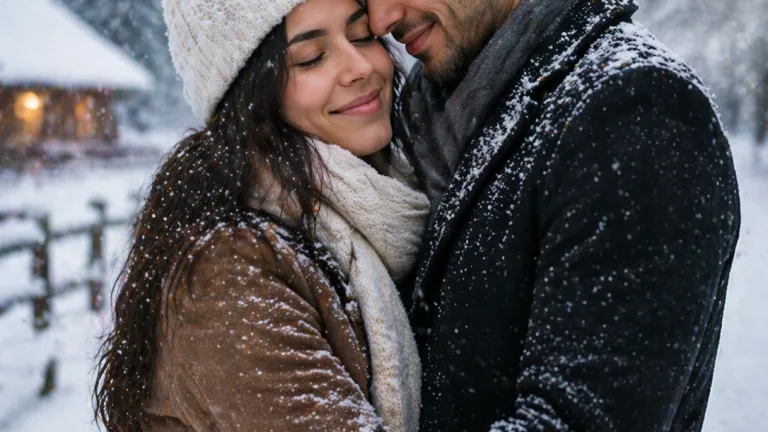 Romantic winter couple hugging in snowfall with cozy outfits &ndash; perfect prompt for couple photo