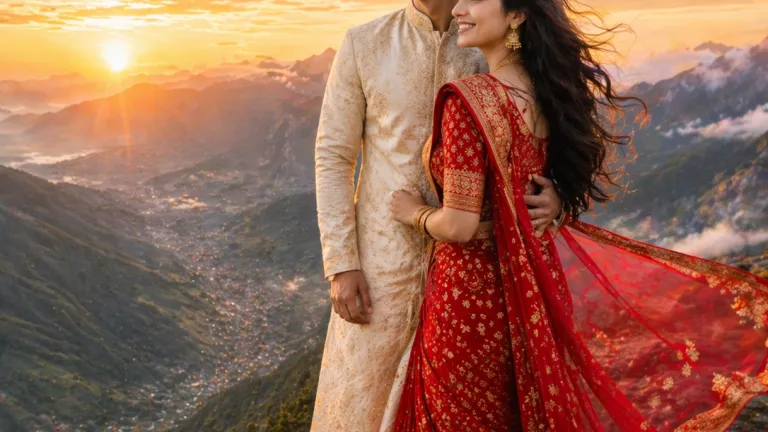 Cinematic Indian couple on mountain cliff at sunrise in traditional attire &ndash; perfect prompt for couple photo