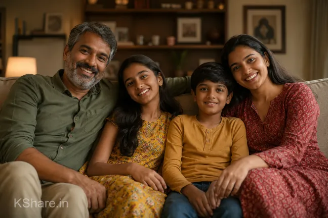 Smiling Indian family sitting on a sofa in a warm and cozy living room with soft lighting, natural expressions, and cinematic depth of field.