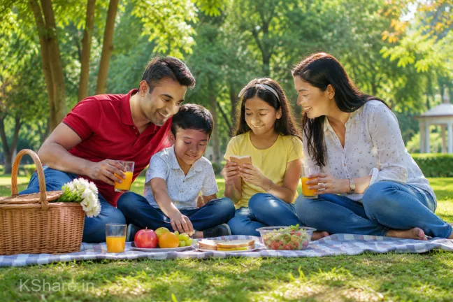 Indian family enjoying a picnic in a lush green garden with sunlight filtering through trees, sitting on a blanket with food and drinks, smiling naturally in a vibrant outdoor setting.