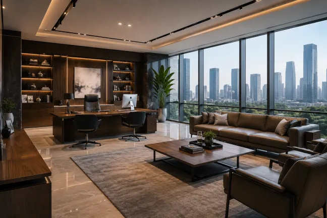 Luxury corporate office interior with floor-to-ceiling glass windows, premium wooden furniture, modern architecture, soft natural lighting, ultra realistic commercial interior design, cinematic office photography, executive workspace visualization