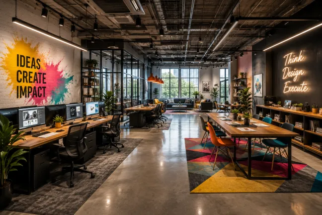 Creative agency workspace interior with vibrant design accents, modern furniture, collaborative office layout, artistic commercial architecture, premium interior photography, ultra realistic creative office design