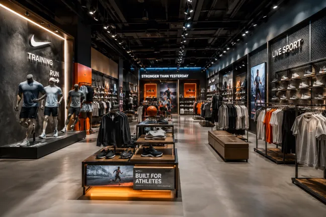 Modern sports retail interior design with premium athletic display layout, cinematic lighting, luxury shopping experience, realistic architectural rendering, ultra realistic sports store interior visualization