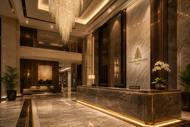 Ultra realistic luxury hotel reception interior with premium marble textures, elegant commercial architecture, cinematic lighting, modern hospitality lobby design, and high-end hotel reception visualization