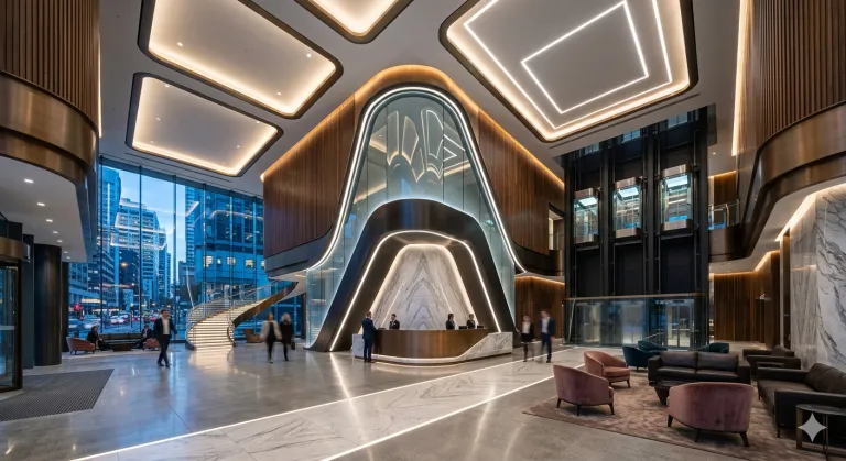 Futuristic commercial building lobby interior with geometric LED ceiling lighting, luxury marble reception desk, and modern corporate architecture