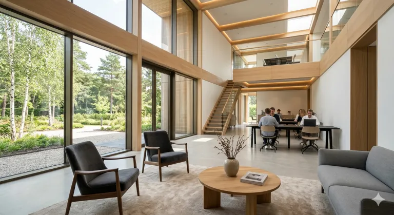 Minimalist Scandinavian commercial office interior with double-height glass windows, natural wood architecture, and premium modern furniture