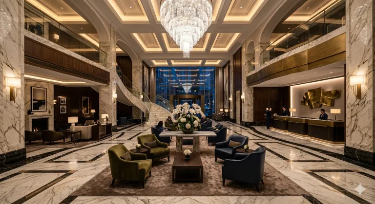 Cinematic luxury hotel lobby with grand crystal chandelier, book-matched white marble walls, and modern architectural lighting