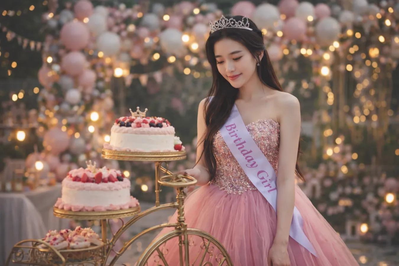 AI Birthday Photoshoot Prompt – Princess Pink Gown Birthday Girl Image Prompt , AI birthday prompt, birthday photoshoot prompt, princess birthday prompt, AI girl birthday cake prompt, midjourney birthday prompt, AI portrait birthday scene, birthday girl AI image, AI photography prompt, pink gown birthday prompt