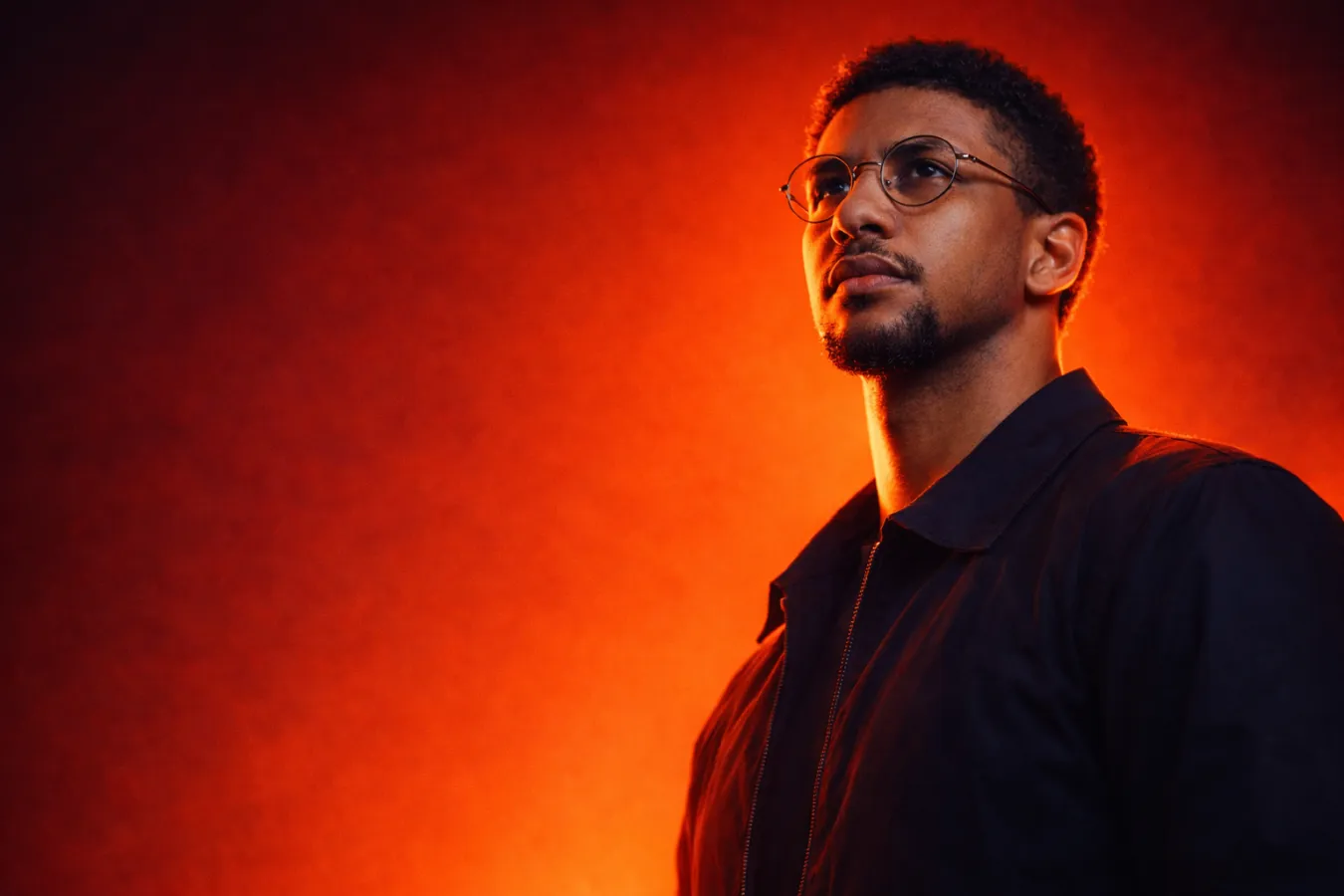 AI Editorial Portrait Prompt | Cinematic Photorealistic Orange Red Studio Portrait , ai portrait prompt, editorial portrait prompt, cinematic portrait prompt, photorealistic ai portrait, orange red studio portrait, dramatic lighting prompt, ai image generator prompt, low angle portrait, glasses portrait prompt