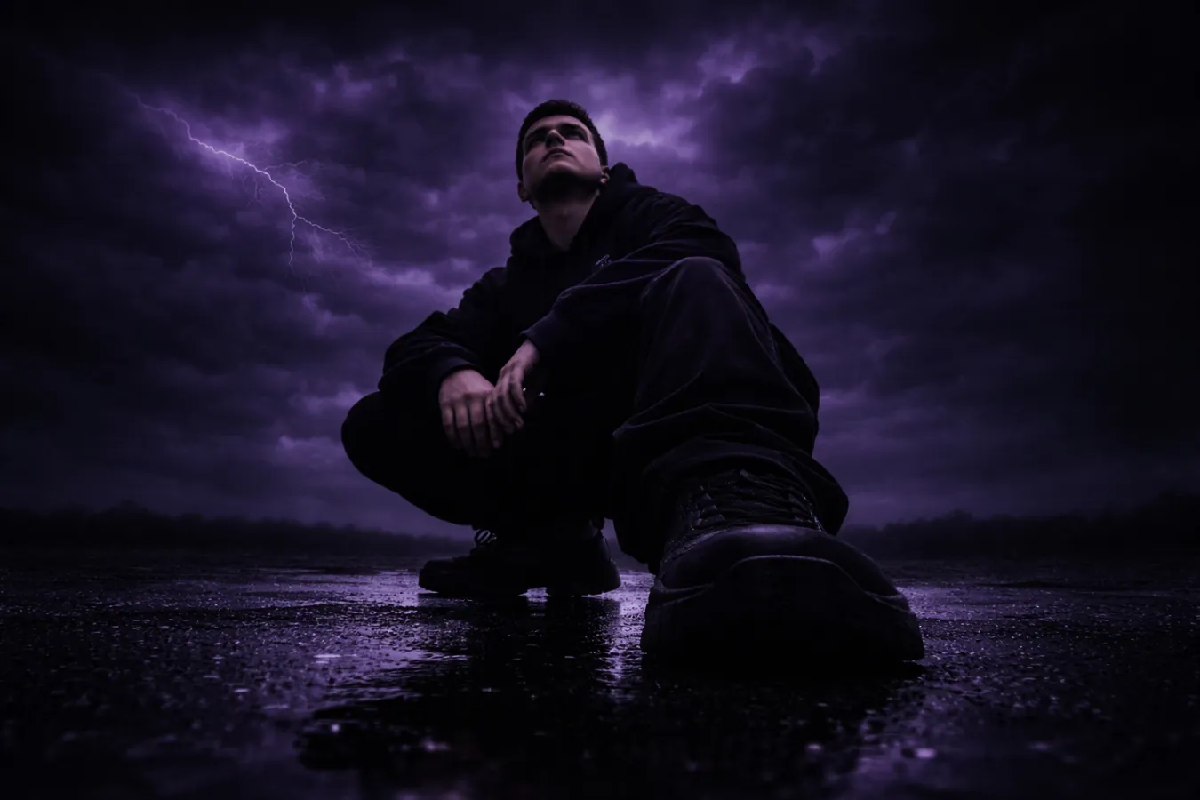 Dark Purple Storm Aesthetic Portrait Ai Prompt | Cinematic Moody Streetwear Photo Idea , dark purple storm portrait, cinematic streetwear prompt, low angle lightning photo, moody ai image prompt, wet asphalt aesthetic, storm cloud portrait, viral cinematic portrait, purple lightning aesthetic, dramatic fashion scene