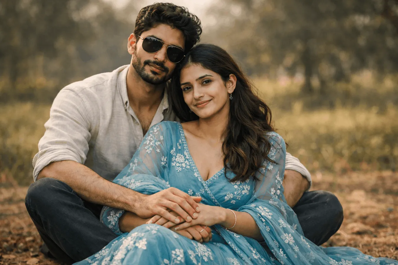 Elegant Romantic Portrait Aesthetic Featuring a Sky Blue Maxi Dress , romantic portrait, sky blue maxi dress, couple aesthetic, fashion photography, cinematic portrait, confident man sunglasses, embroidered maxi dress