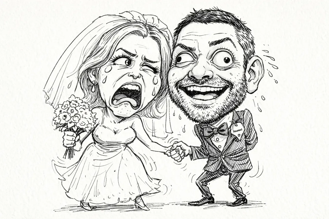 Funny Wedding Roast Caricature AI Prompt | Black Ink Sketch , funny wedding caricature, wedding roast caricature, caricature ai prompt, bride groom cartoon, black white caricature, cartoon sketch prompt, exaggerated caricature, street artist caricature, funny couple illustration, wedding cartoon ai