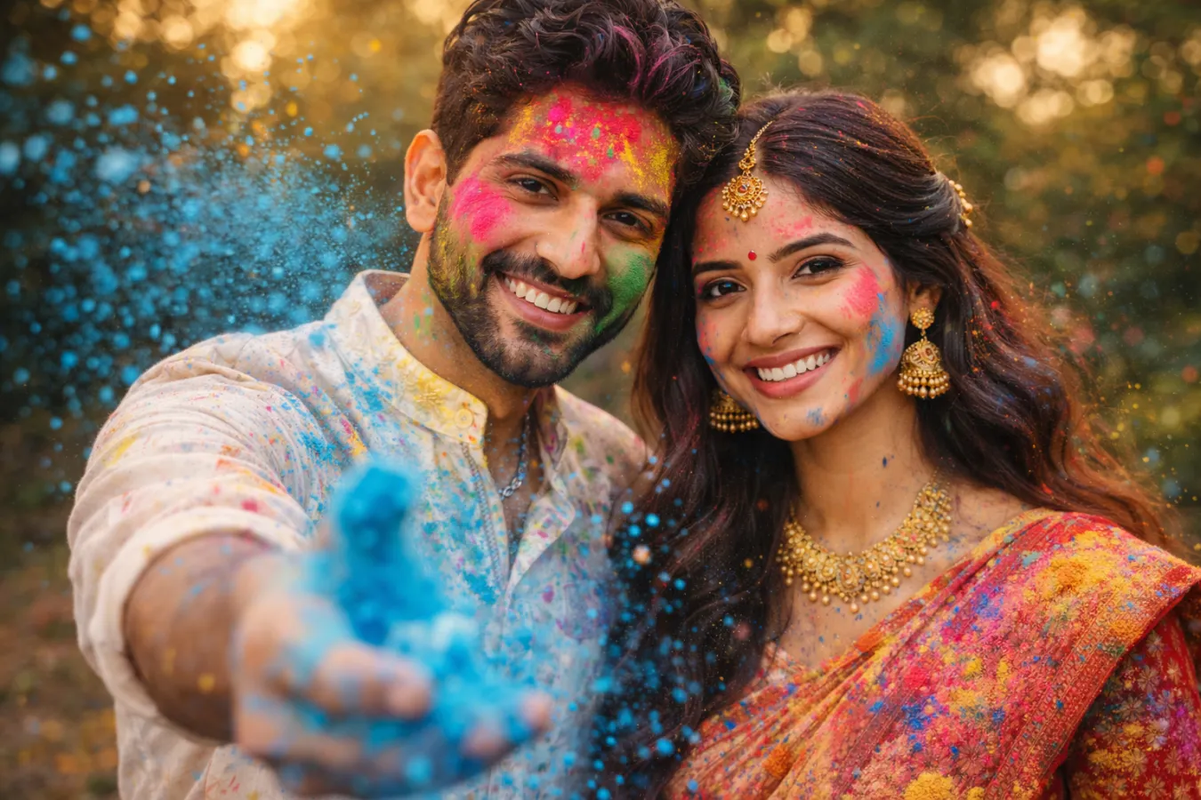 Holi Couple AI Portrait Prompt: Ultra-Realistic 8K Powder Explosion Guide , Holi couple AI prompt, ultra realistic Holi portrait, powder explosion AI image, 8K cinematic Holi photography, forced perspective powder shot, Indian festival AI portrait, Holi image generator prompt