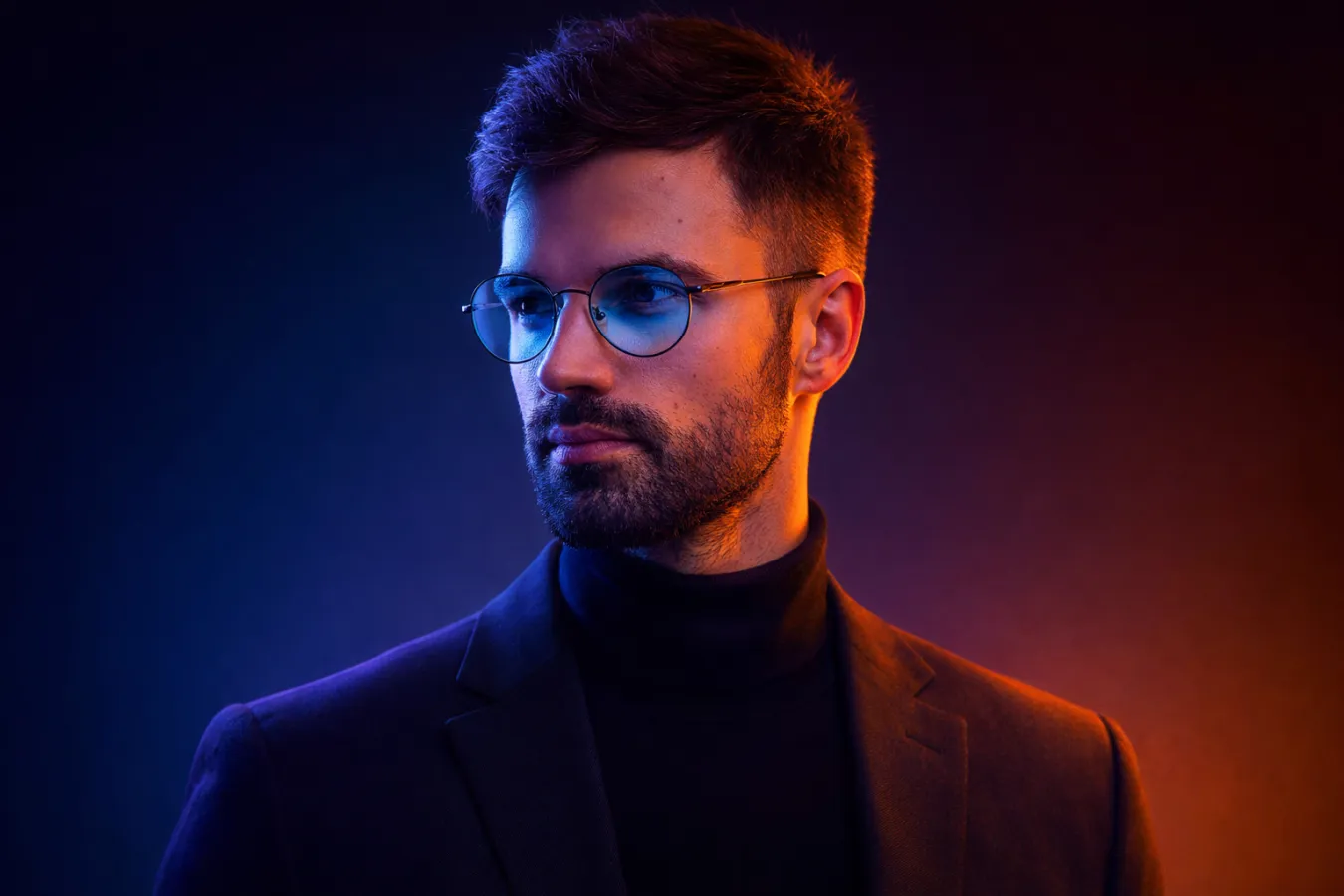 Neon Cyberpunk Portrait with Glasses | Futuristic Cinematic Neon Lighting , neon portrait, cyberpunk portrait, futuristic portrait, neon lighting portrait, cinematic neon photo, ai portrait style, rgb lighting portrait, futuristic headshot, dramatic lighting portrait, tech style portrait, neon noir portrait, modern portrait photo
