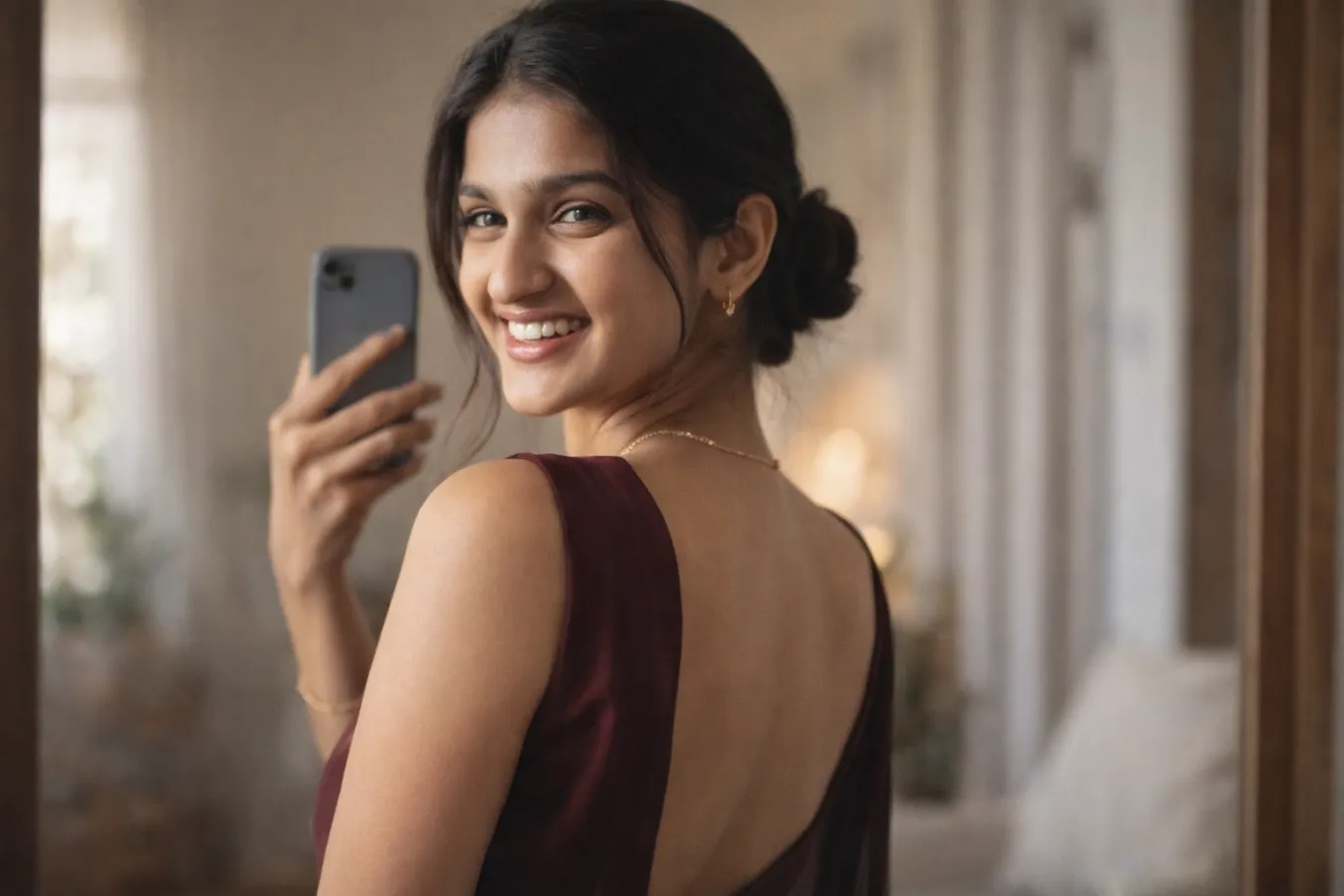 Realistic Mirror Selfie AI Prompt (Indian Saree Girl) – Ultra Real Image Guide , realistic mirror selfie prompt, AI image prompt Indian girl, saree AI photo prompt, realistic AI photography prompt, midjourney mirror selfie prompt, stable diffusion Indian woman prompt, candid selfie AI prompt