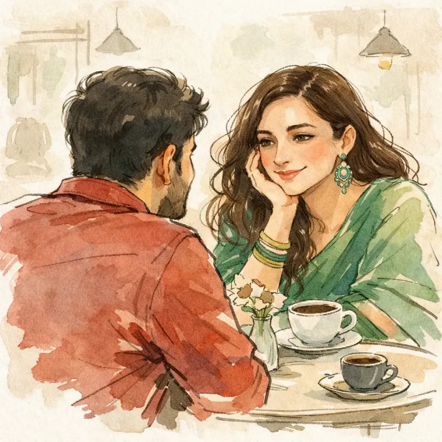 Romantic Indian Couple Café Illustration – Soft Watercolor AI Art Trend , romantic Indian couple illustration, AI couple portrait, watercolor cafe digital art, Indian saree illustration, minimalist ink sketch art, teal sage red color palette art, soft romantic digital painting, trending AI art 2026, Indian couple cafe artwork,