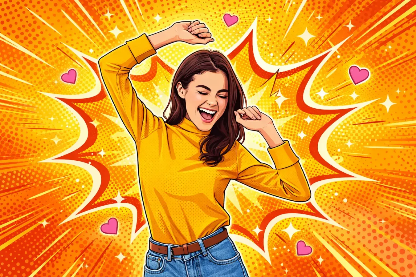 Viral High-End Pop Art Vector Illustration from Photo | Pro Comic Style , pop art vector illustration, photo to pop art, comic style portrait, vector pop art, halftone shading, bold outlines, motion lines, dotted patterns, comic bursts, vibrant background, spark highlights, cute pink hearts, pro vector portrait