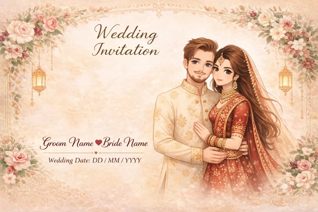 Wedding Invitation Card Prompt (Couple Photo to Cartoon Illustration) | Luxury Indian Design , wedding invitation prompt, couple photo wedding card, cartoon wedding invitation, illustrated wedding card, Indian wedding invitation design, hand painted wedding invite, AI wedding invitation, bride groom illustration prompt