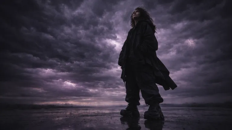 Cinematic Storm Portrait AI Image Prompt | Viral Moody 8K Dark Aesthetic Photo , cinematic storm portrait, ai image prompt, dark aesthetic photo, moody 8k portrait, photorealistic storm scene, oversized fashion portrait, violet lightning portrait, reflective ground photo, viral ai art, dramatic cinematic wallpaper