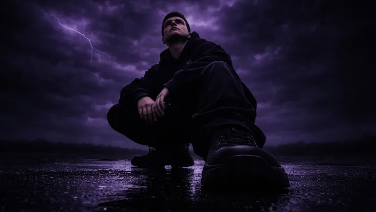 Dark Purple Storm Aesthetic Portrait Ai Prompt | Cinematic Moody Streetwear Photo Idea , dark purple storm portrait, cinematic streetwear prompt, low angle lightning photo, moody ai image prompt, wet asphalt aesthetic, storm cloud portrait, viral cinematic portrait, purple lightning aesthetic, dramatic fashion scene