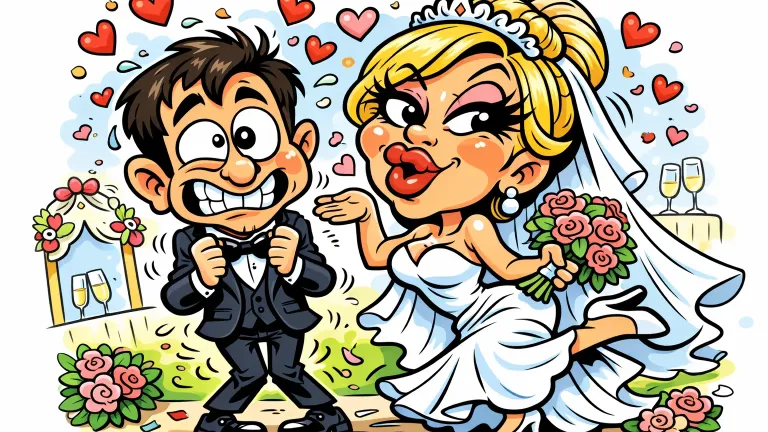 Funny Wedding Caricature Roast Exaggerated Cartoon Bride and Groom Art