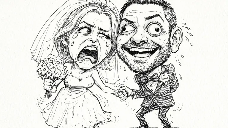 Funny Wedding Roast Caricature AI Prompt Black Ink Sketch Funny Wedding Roast Caricature AI Prompt Black Ink Sketch