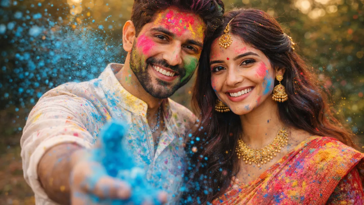 Holi Couple AI Portrait Prompt: Ultra-Realistic 8K Powder Explosion Guide , Holi couple AI prompt, ultra realistic Holi portrait, powder explosion AI image, 8K cinematic Holi photography, forced perspective powder shot, Indian festival AI portrait, Holi image generator prompt