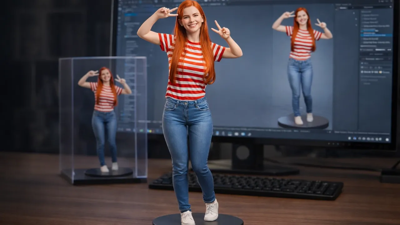Hyper-Realistic Full-Body Colorful 3D Collectible Statue Prompt | Desk Workstation Scene , 3D collectible statue prompt, hyper realistic 3D render, full body statue, resin vinyl figure, desk workstation scene, display box, 3D modeling monitor, photorealistic statue, colorful figurine, product photography render, 4K CGI