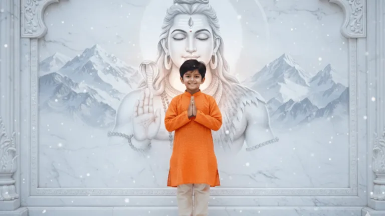 Peaceful Mahadev Devotional Portrait with Young Indian Boy | 8K Art , Mahadev devotional portrait, Lord Shiva artwork, Indian boy Namaste, Shiva Himalayan background, spiritual portrait 8K, saffron kurta devotion, peaceful Mahadev mural, Hindu devotional art, divine Shiva image