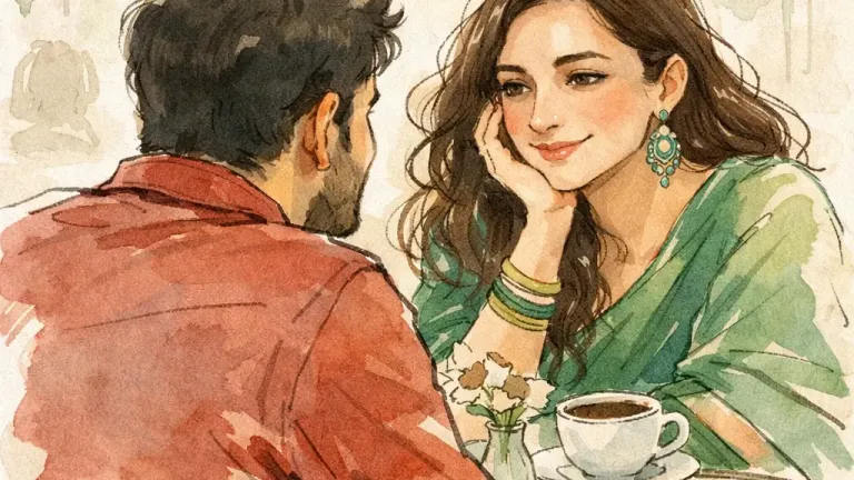 Romantic Indian Couple Café Illustration – Soft Watercolor AI Art Trend , romantic Indian couple illustration, AI couple portrait, watercolor cafe digital art, Indian saree illustration, minimalist ink sketch art, teal sage red color palette art, soft romantic digital painting, trending AI art 2026, Indian couple cafe artwork,