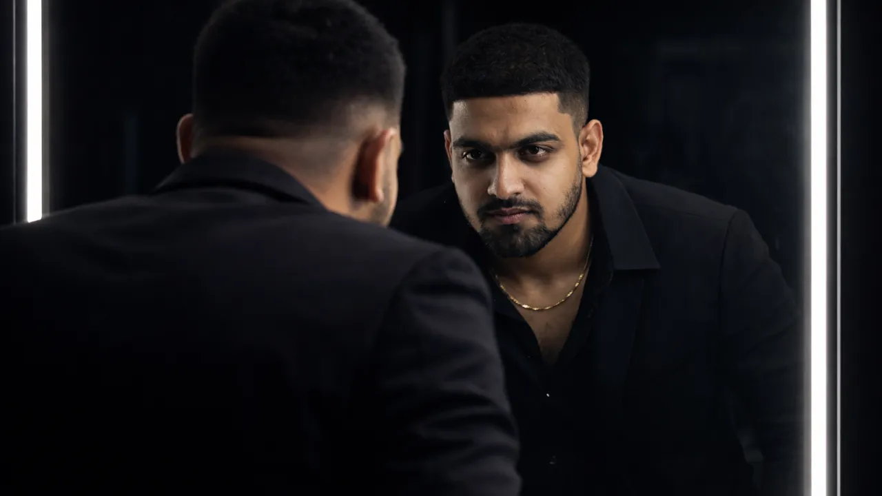 Ultra-Realistic Cinematic Mirror Portrait Prompt for Men , cinematic mirror portrait prompt, ultra realistic male portrait, luxury editorial portrait prompt, black outfit portrait, LED mirror photography prompt, photorealistic man reflection, dramatic male portrait, fashion portrait prompt