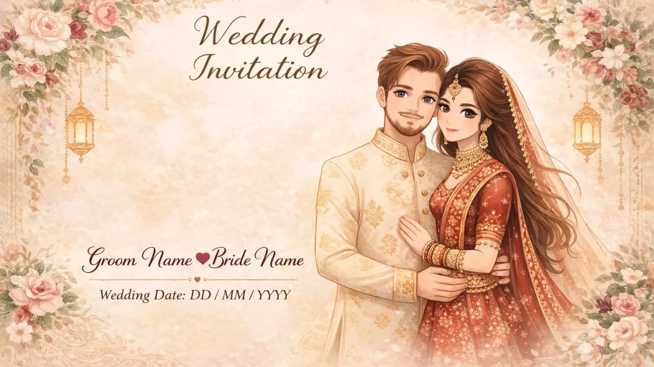 Wedding Invitation Card Prompt (Couple Photo to Cartoon Illustration) | Luxury Indian Design , wedding invitation prompt, couple photo wedding card, cartoon wedding invitation, illustrated wedding card, Indian wedding invitation design, hand painted wedding invite, AI wedding invitation, bride groom illustration prompt