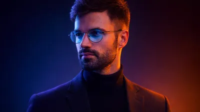 Neon Cyberpunk Portrait with Glasses Futuristic Cinematic Neon Lighting