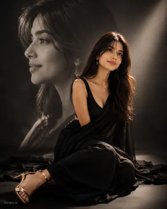 Elegant woman in a royal black saree sitting gracefully with a soft smile, luxury AI artistic portrait featuring cinematic lighting, monochrome side-profile background, fashion editorial photography, and premium studio aesthetics