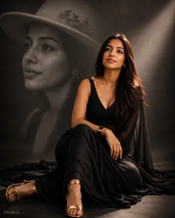 Elegant woman wearing a royal black saree and golden heels in a luxury AI artistic portrait, featuring cinematic studio lighting, monochrome side-profile background, realistic fashion photography, and premium editorial styling