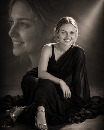 Elegant monochrome AI portrait of a smiling woman in a royal black saree and golden heels, featuring cinematic lighting, artistic side-profile background, luxury fashion photography, and premium editorial styling